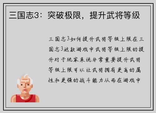 三国志3：突破极限，提升武将等级